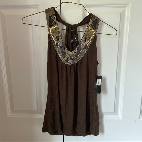 Macy’s BCX Gold Sequin Neckline Brown Halter Top - Picture 3 of 7